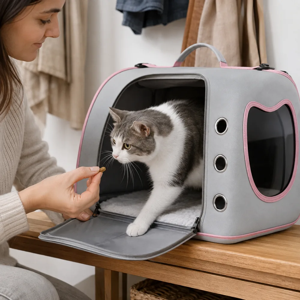 Le sac bandoulière entièrement dézippé, un chat en sort vers une friandise tenue à distance