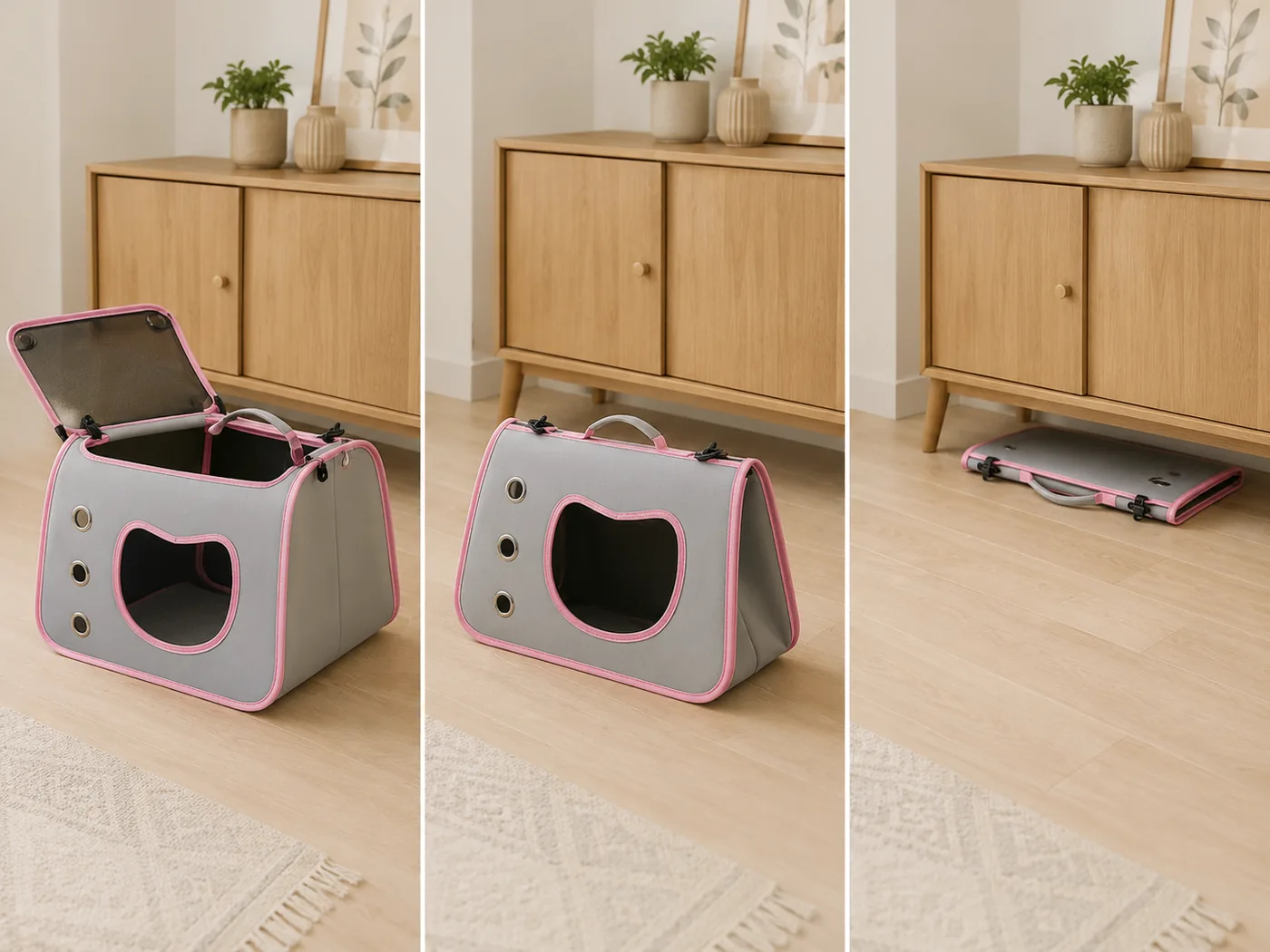 Le sac bandoulière en trois étapes : ouvert, côtés repliés, puis aplati sous un meuble bas
