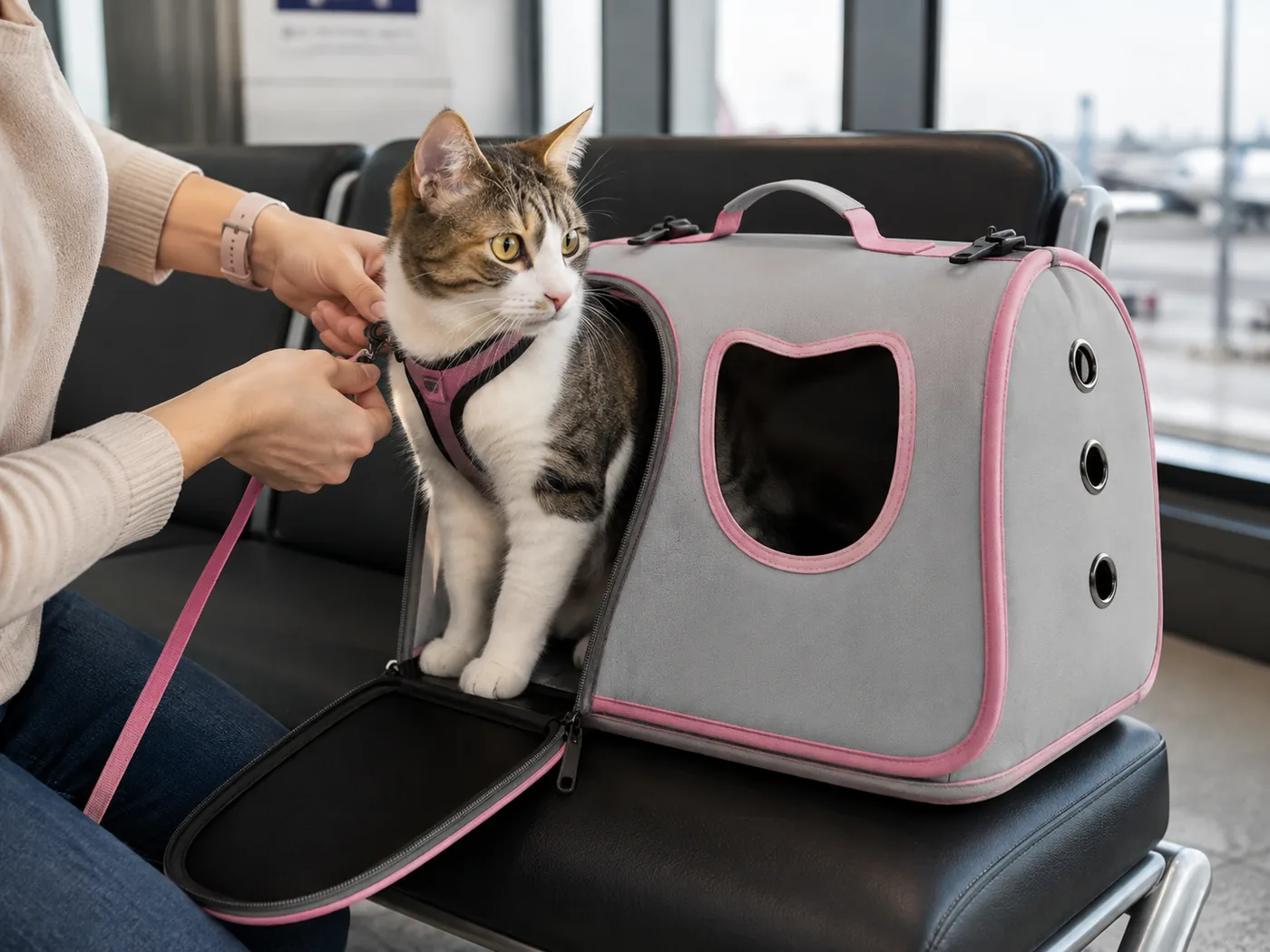Chat sorti du sac bandoulière au poste de contrôle de sûreté, son harnais clipsé avant l’ouverture