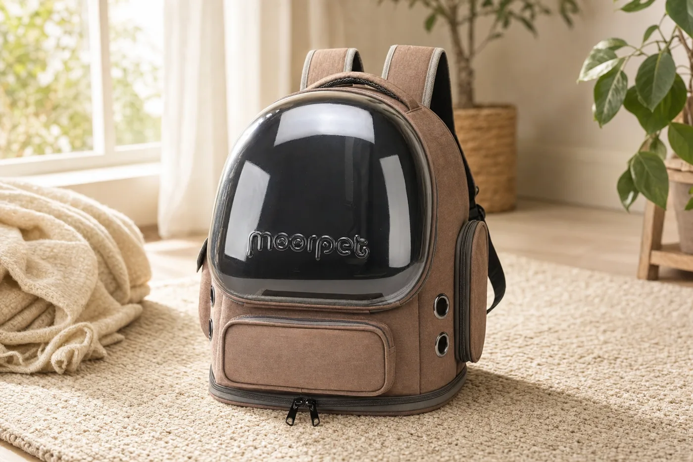 Sac de transport pour chat ouvert sur un tapis de salon, près d’une fenêtre