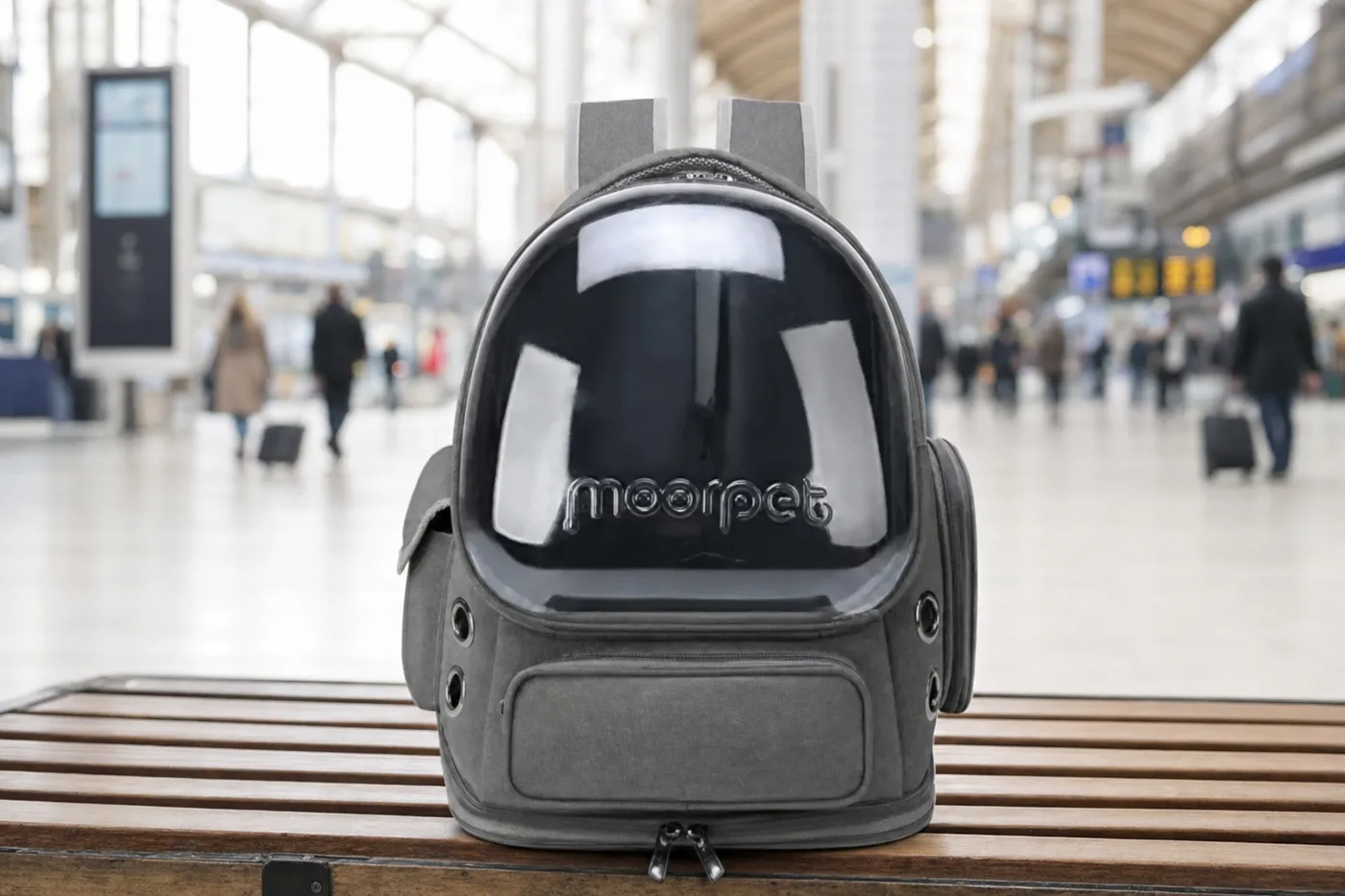 Sac de transport pour chat posé sur un banc, dans un hall de gare