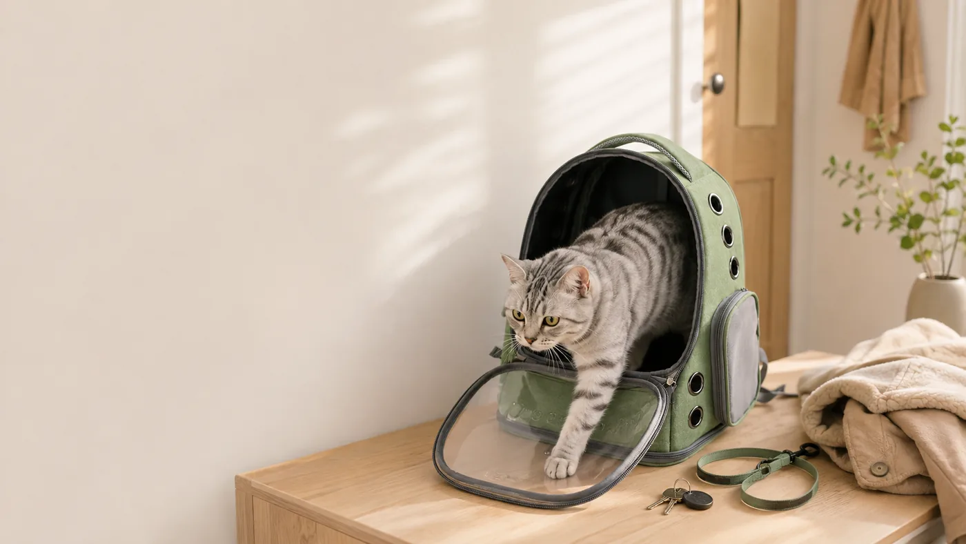Chat gris argenté qui entre de lui-même dans le sac à dos vert sauge posé sur une console d’entrée, une patte déjà à l’intérieur