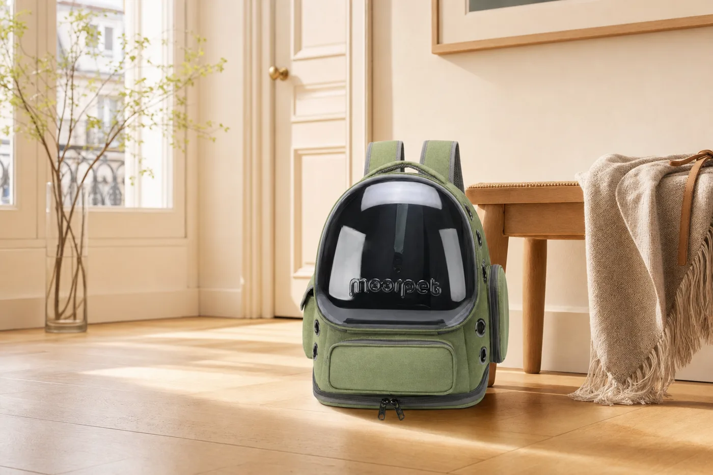 Sac de transport pour chat à dos, coloris vert olive, posé dans une entrée