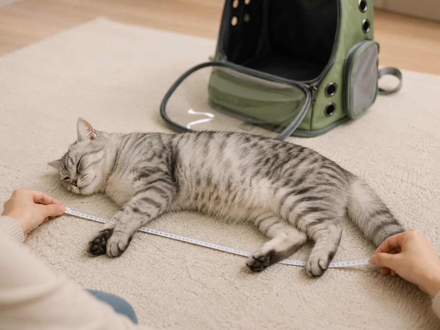Chat endormi sur le flanc, un mètre ruban déroulé le long de son corps sans le toucher, le sac ouvert derrière