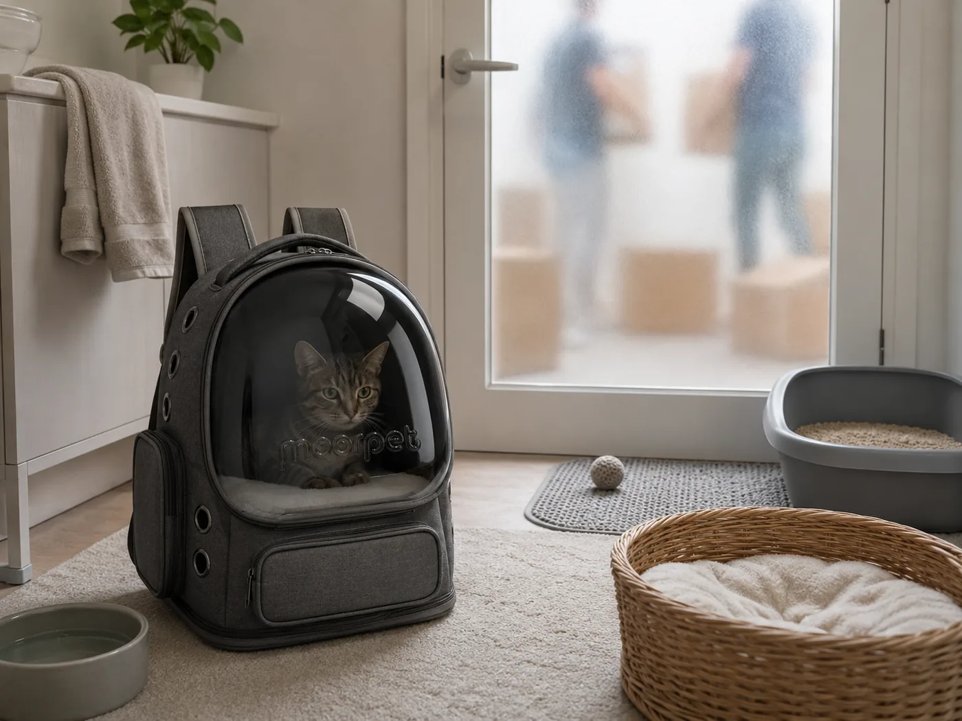 Sac à dos avec le chat à l’intérieur dans la pièce refuge, litière et panier posés, déménageurs flous derrière la porte