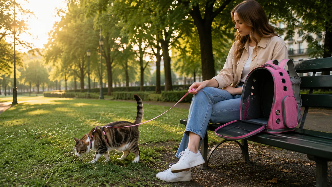 Personne assise sur un banc de parc, le sac à dos rose posé ouvert à côté d’elle, le chat en harnais qui explore l’herbe au bout de sa laisse