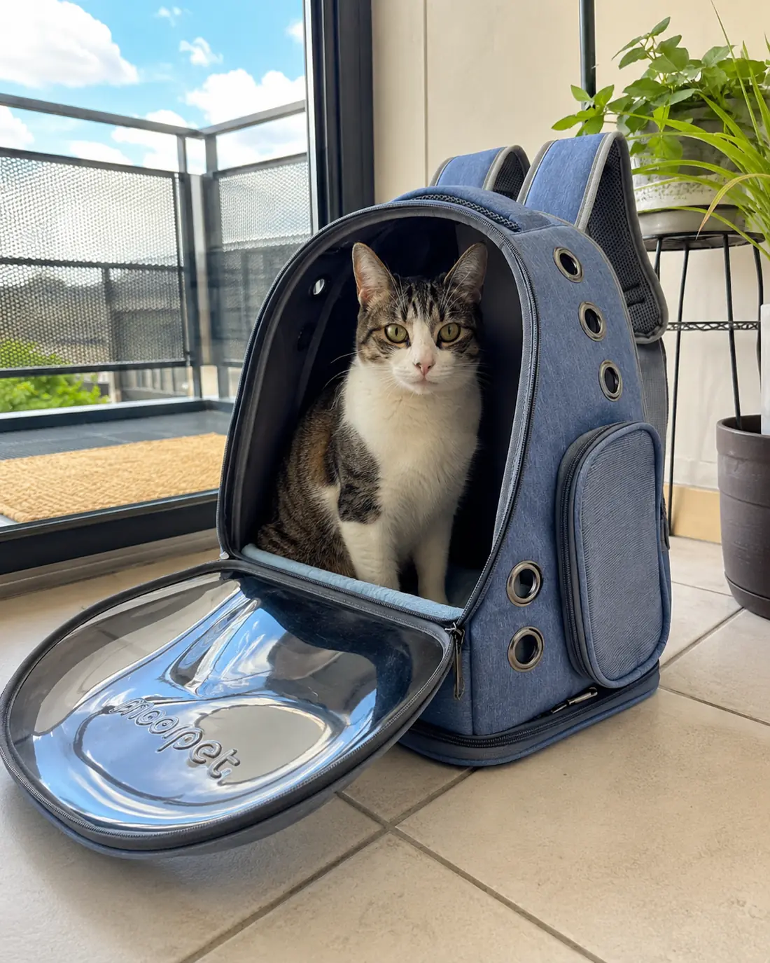 Chat assis dans le sac ouvert près d'une baie vitrée