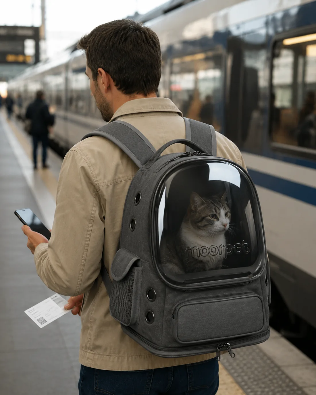 Homme marchant sur un quai de gare, le sac à dos porté sur les deux épaules, chat visible à travers la coque