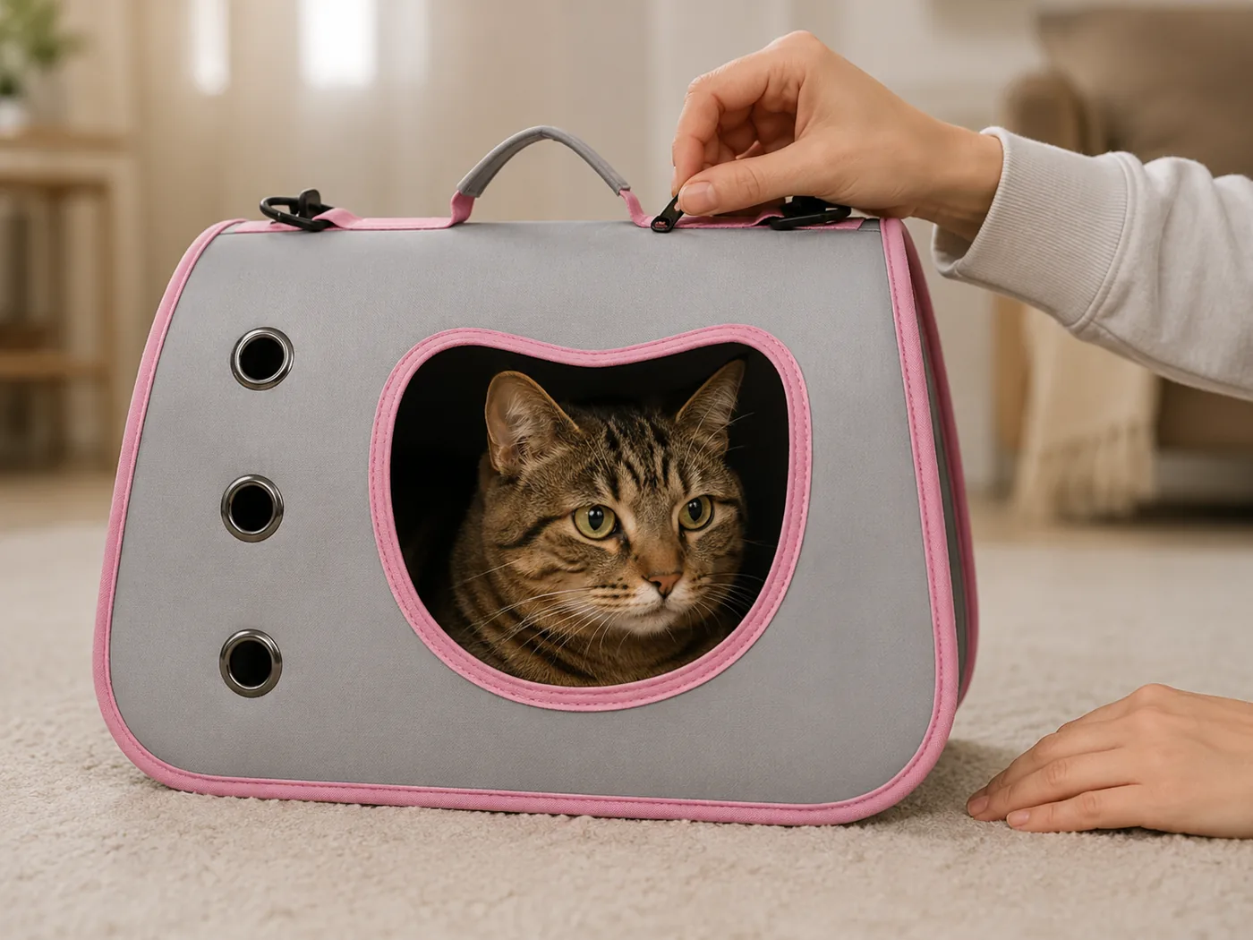 Une main remonte la fermeture du sac bandoulière pendant que le chat, calme, regarde par la fenêtre latérale